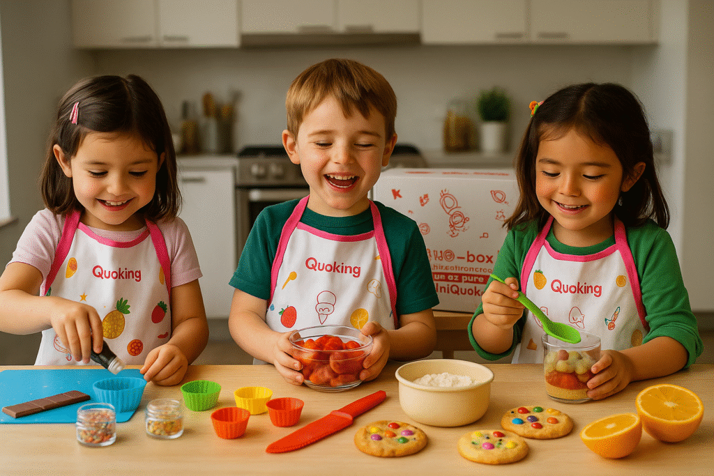 Tres niños pequeños con delantales coloridos de Quoking participan en un taller de cocina temática, usando ingredientes frescos y utensilios seguros para niños en una cocina moderna.