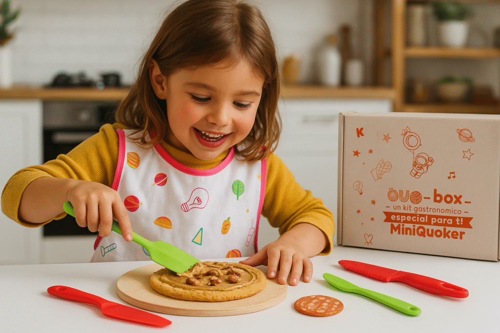 Niña pequeña preparando una pizza de galletas con toppings de frutos secos junto a una Quo-box y utensilios infantiles en una cocina luminosa.