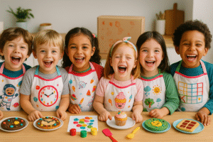 Seis niños cocinando con delantales coloridos, cada uno representando diferentes intereses: espacio, arte, repostería, naturaleza, relojes y lógica. Imagen horizontal en una cocina iluminada y alegre.