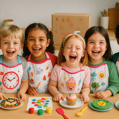 Seis niños cocinando con delantales coloridos, cada uno representando diferentes intereses: espacio, arte, repostería, naturaleza, relojes y lógica. Imagen horizontal en una cocina iluminada y alegre.
