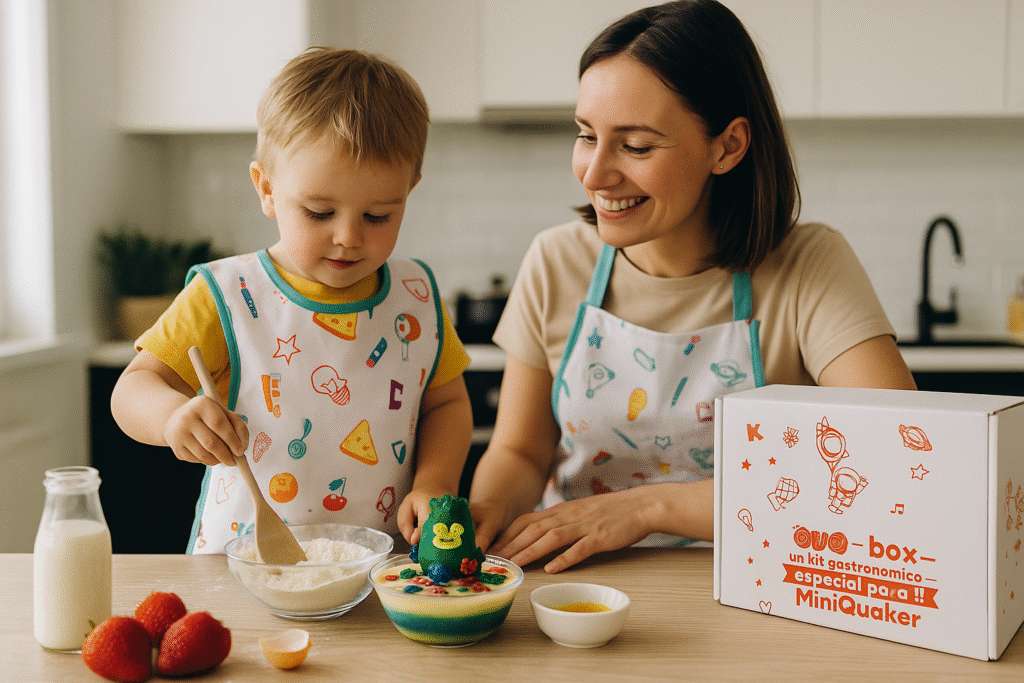Niño pequeño y su madre cocinando juntos en una cocina moderna, ambos con delantales coloridos y una Quo-box sobre la mesa. Actividad familiar que promueve el aprendizaje temprano.