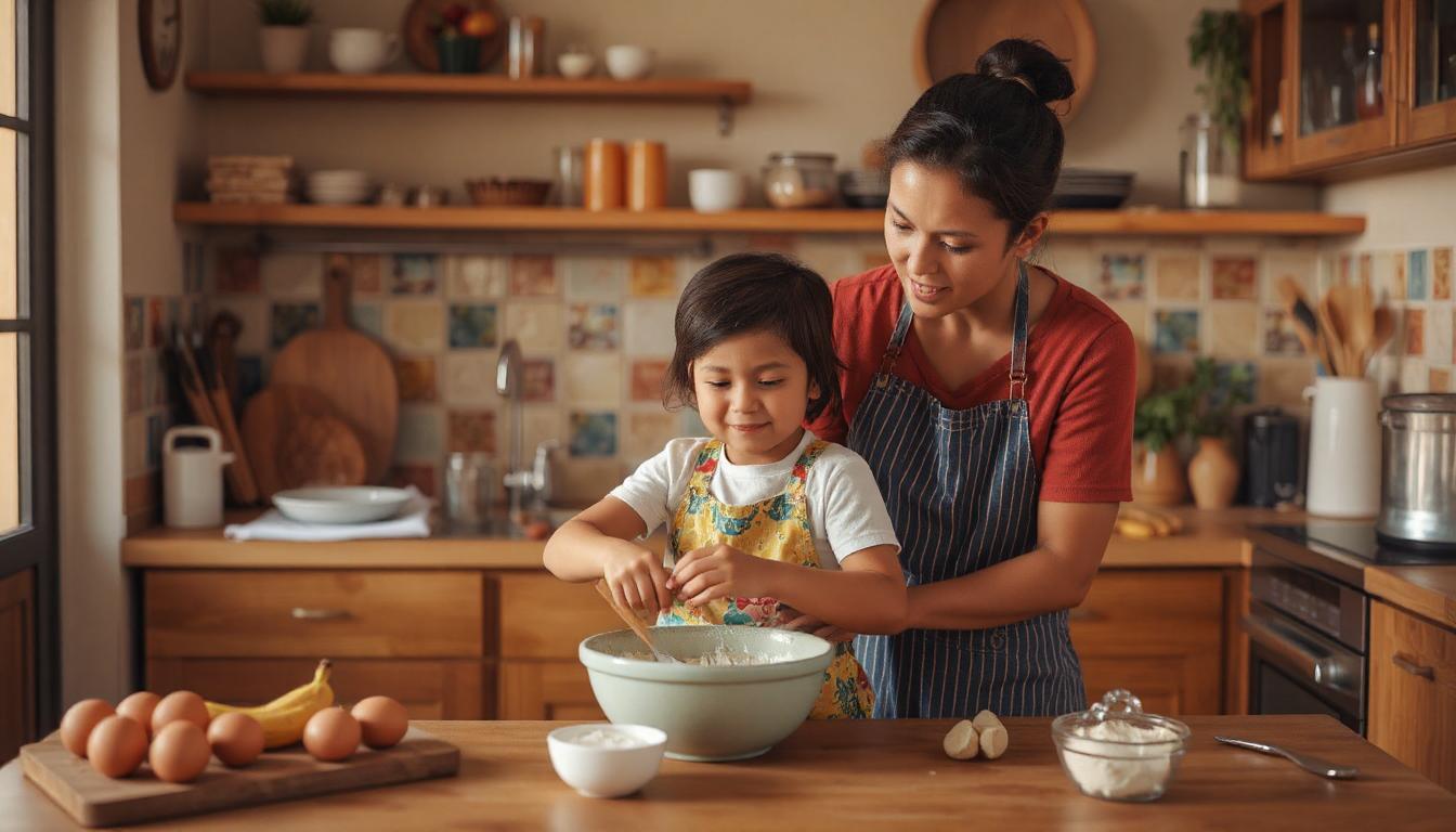 Medre colombiana cocinando junto a su hija pequeña en una cocina hogareña con ingredientes típicos como harina, queso y huevos. La niña usa un delantal colorido y mezcla en un bowl, mientras el padre la acompaña con ternura. Imagen cálida y familiar ideal para ilustrar un artículo sobre cómo introducir a los niños al mundo de la cocina.