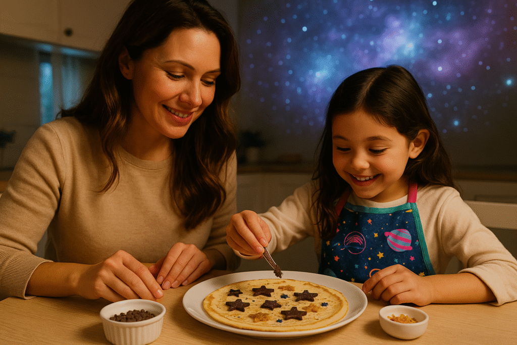 Madre e hija decoran una crepa con estrellas comestibles representando constelaciones, con una proyección galáctica de fondo