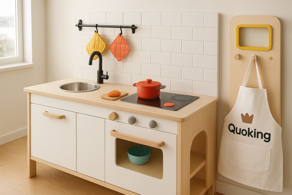 Cocina funcional y moderna para niños, diseñada con colores alegres, superficies seguras y utensilios educativos, ideal para aprender y jugar en familia.