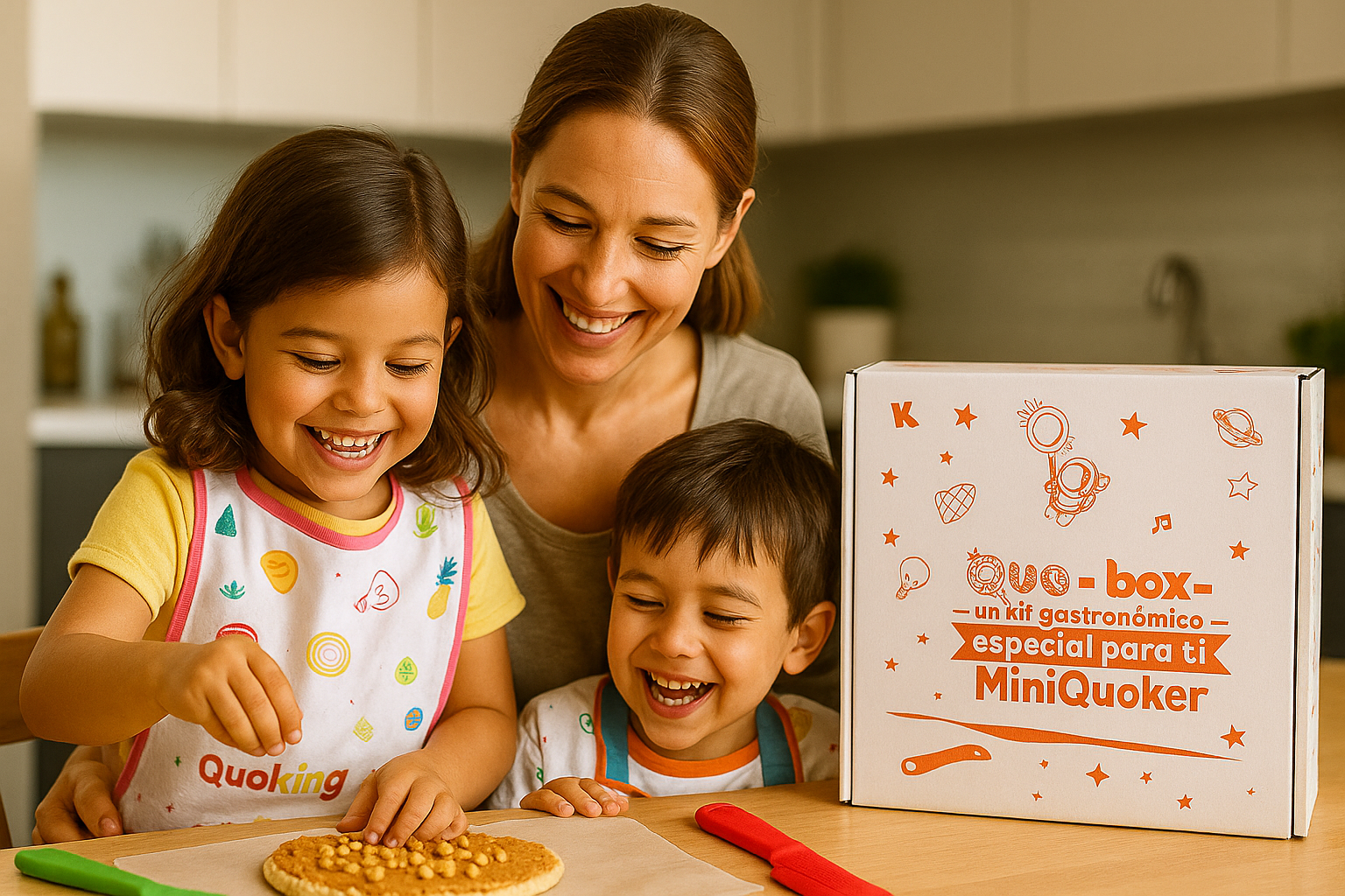 Familia cocinando junta en la cocina, usando delantales de Quoking y una QuoBox sobre la mesa, mientras disfrutan de un momento de diversión y aprendizaje.