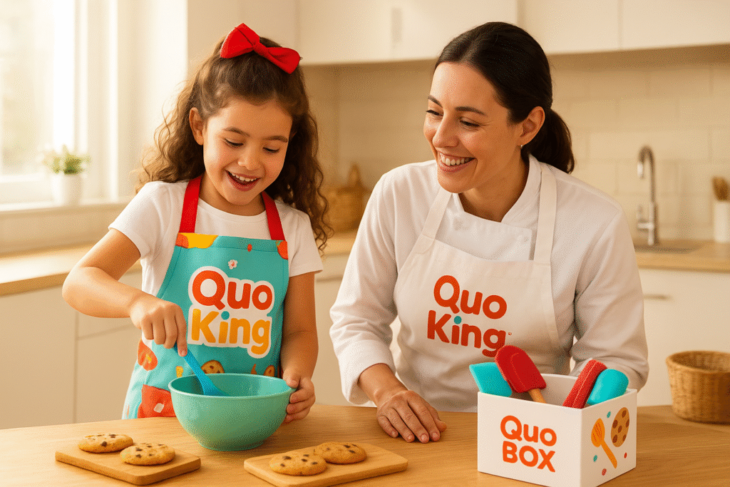 Niño MiniQuoker cocinando con su Quo-box de Quoking junto a un chef tutor en una cocina cálida y luminosa.