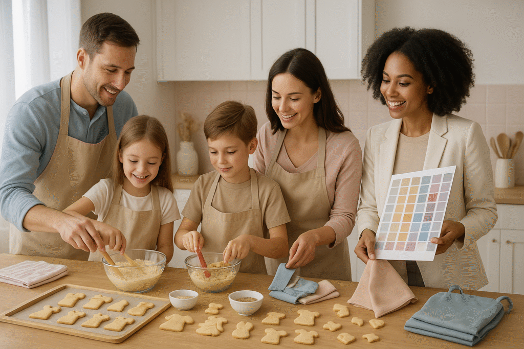 Familia cocinando snacks saludables en forma de prendas, guiados por una experta en moda, en un taller de cocina que combina creatividad, estilo y gastronomía.