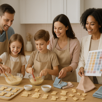 Familia cocinando snacks saludables en forma de prendas, guiados por una experta en moda, en un taller de cocina que combina creatividad, estilo y gastronomía.