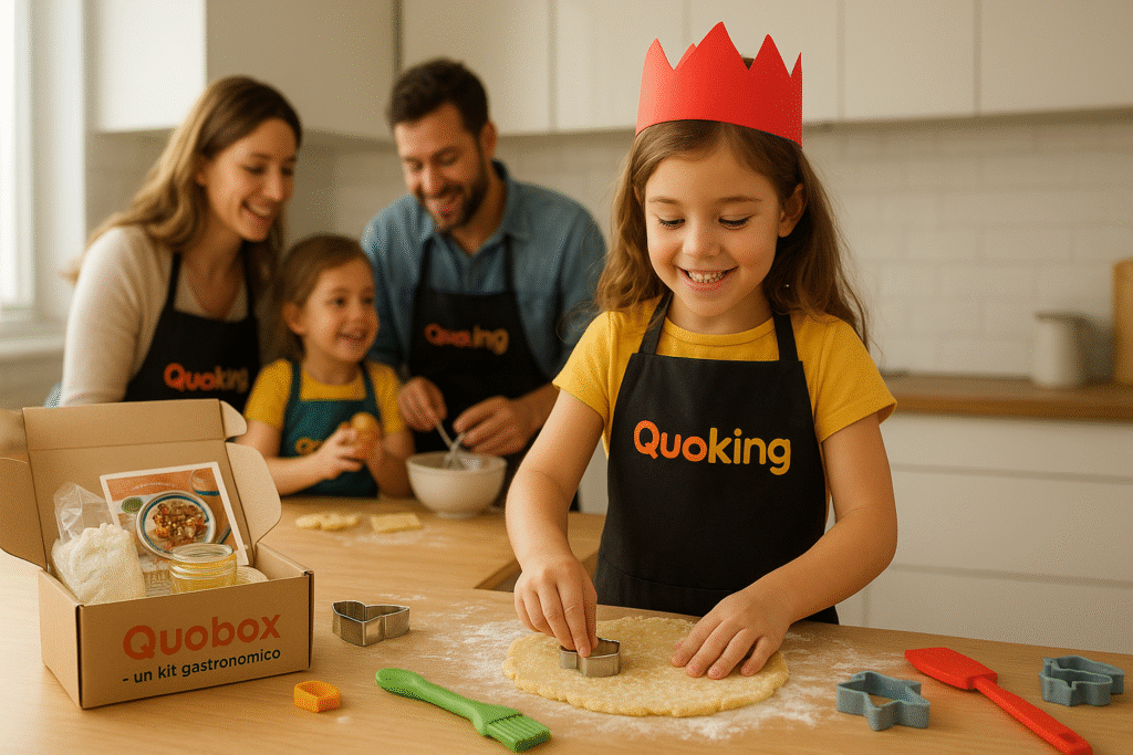 Niño con delantal colorido Quoking cocinando en familia, rodeado de utensilios, harina y moldes de galletas, con una Quo-box abierta sobre la mesa.