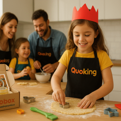 Niño con delantal colorido Quoking cocinando en familia, rodeado de utensilios, harina y moldes de galletas, con una Quo-box abierta sobre la mesa.