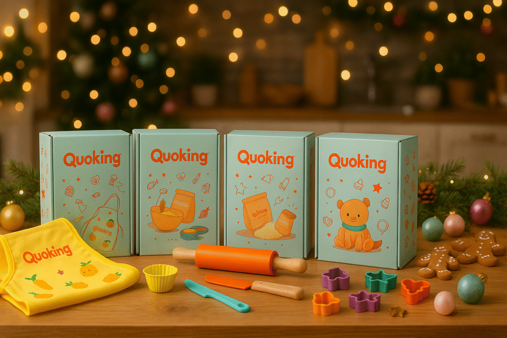 Imagen navideña profesional de Quoking con las cuatro Quo-box, delantal y utensilios en un ambiente cálido y festivo. Perfecta para anuncios, blogs y campañas navideñas.