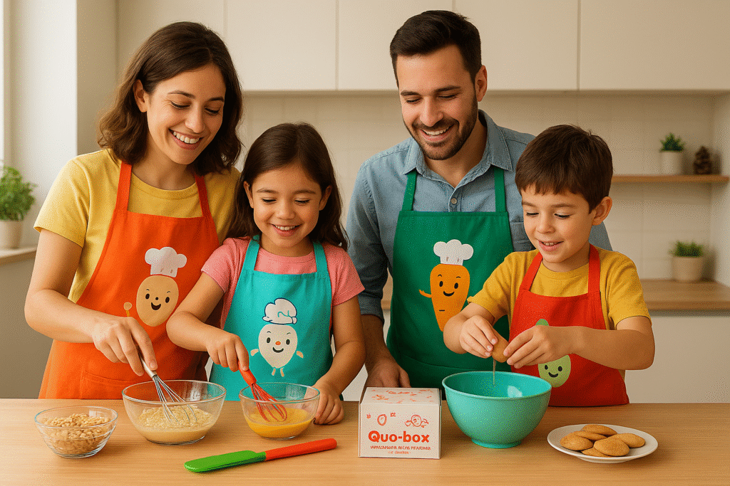 Familia sonriente cocinando en una cocina moderna y colorida con la Quo-box de Quoking sobre la mesa. Dos niños usan delantales coloridos mientras mezclan ingredientes y preparan galletas junto a sus padres.