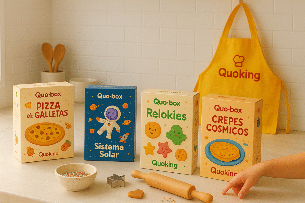 Escena de cocina luminosa con cuatro Quo-box de Quoking organizadas sobre un mesón, junto a un delantal amarillo de niño y utensilios de repostería. Fotografía estilo lifestyle, cálida y familiar.