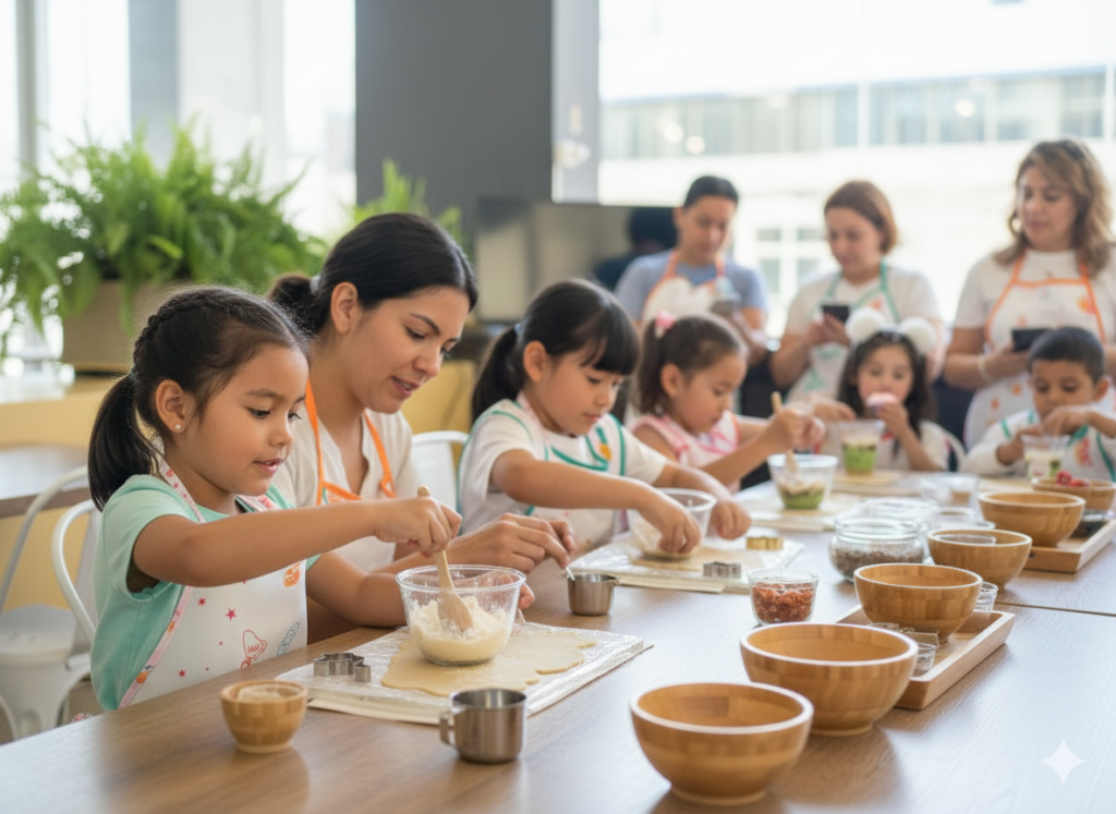 Clases extracurriculares de cocina para niños donde aprenden matemáticas, ciencias y creatividad a través de la cocina educativa.