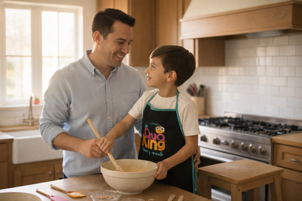 Padres cocinando con su hijo como ritual de conexión emocional y seguridad en la cocina