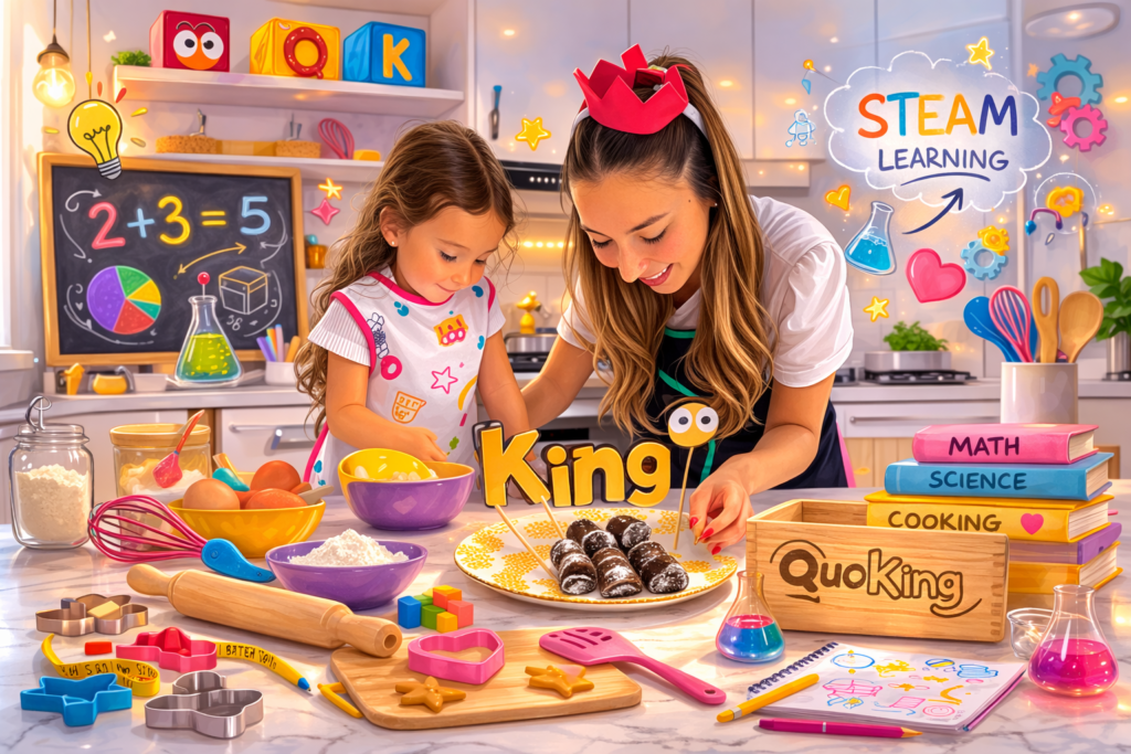 Niños cocinando en una cocina educativa aprendiendo ciencia y matemáticas mediante el método STEAM