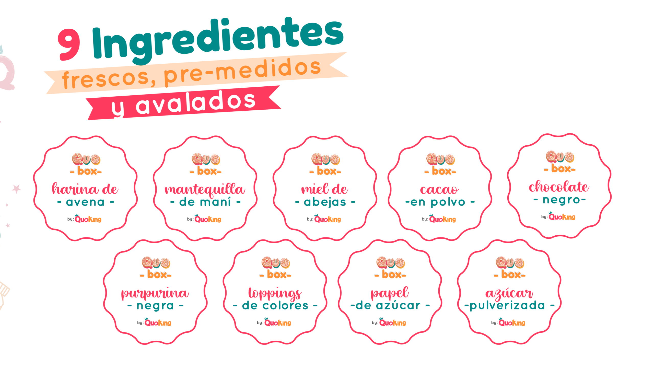 Toma aérea de alta calidad que muestra el contenido completo de la Quobox: porciones de harina de avena, cocoa, miel y mantequilla de maní, junto con el Chocolate Jar de silicona, moldes, espátula, pincel y las plantillas de papel de azúcar comestible de Quoking. Ingredientes y utensilios incluidos en la Quobox Los Balones del Crack