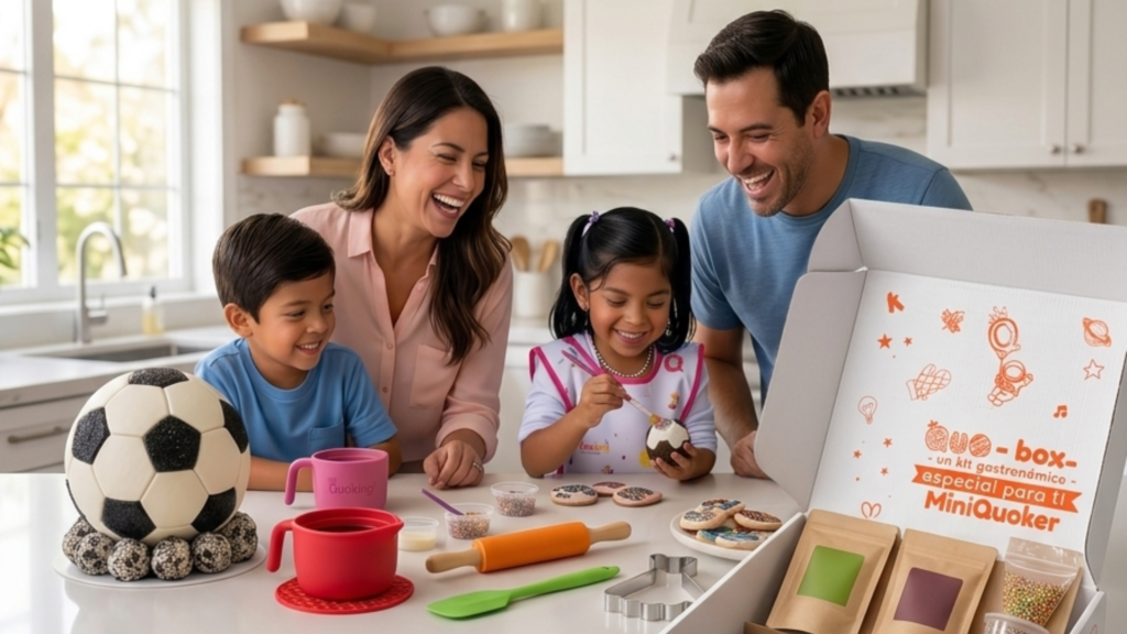 Niños disfrutando las Quobox Premium de vacaciones de Quoking con un balón de fútbol y un vestido comestible mientras aprenden cocinando en familia.