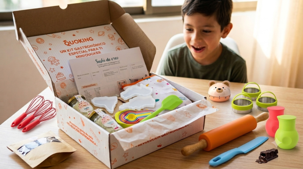 Niño sonriendo frente a una caja abierta de kit de cocina infantil Quoking con utensilios, cortadores, rodillo y recetas sobre una mesa de madera.