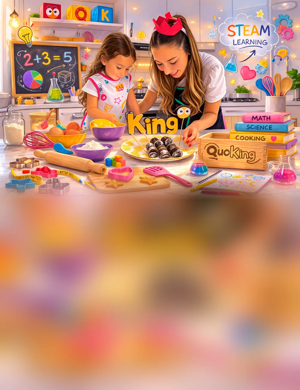 Una niña y Tata, de Quoking, cocinando juntas en una cocina llena de ciencia, matemáticas y arte